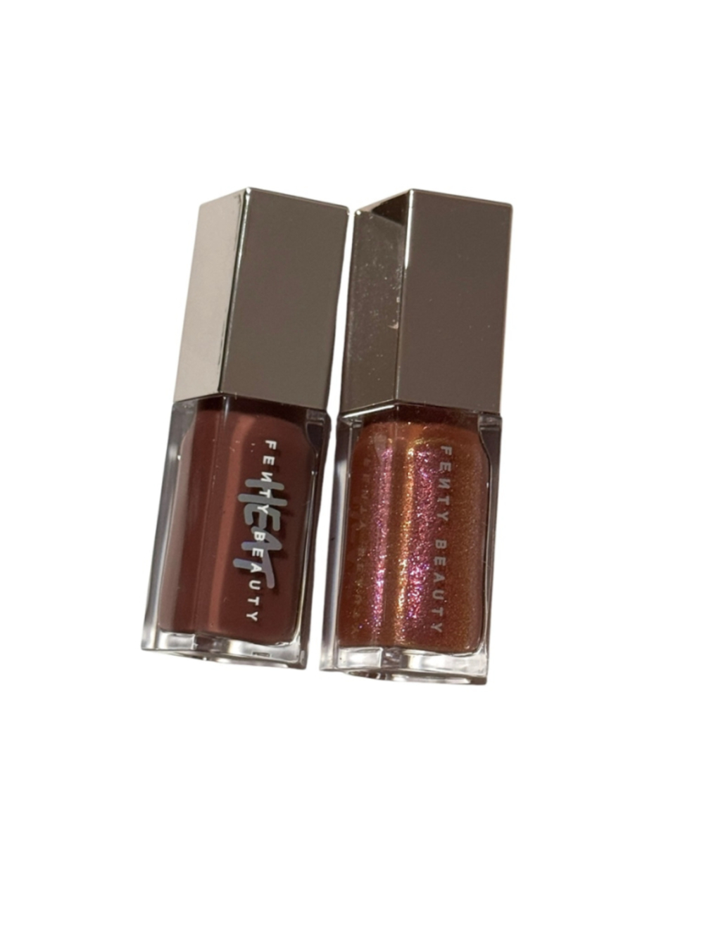 2 Fenty Glosses Mini, Hot Chocolit Shimmer and Rose Amber, lip plumper